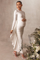 White Long Sleeve Ruched Maternity Midi Dress with Frill Detail